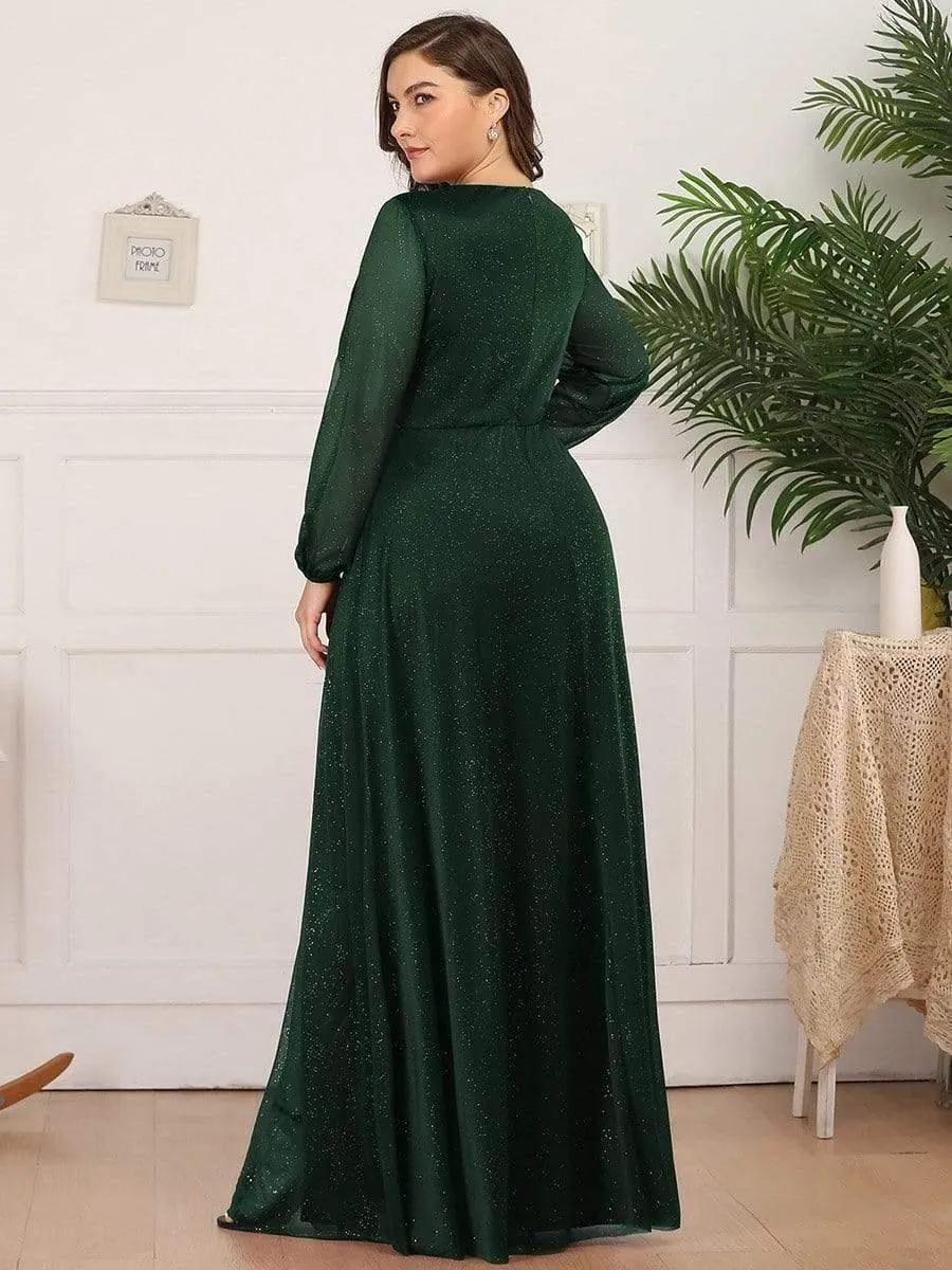 Robe de Cérémonie Longue Brillante à Col en V avec Manches Longues(Vente finale)