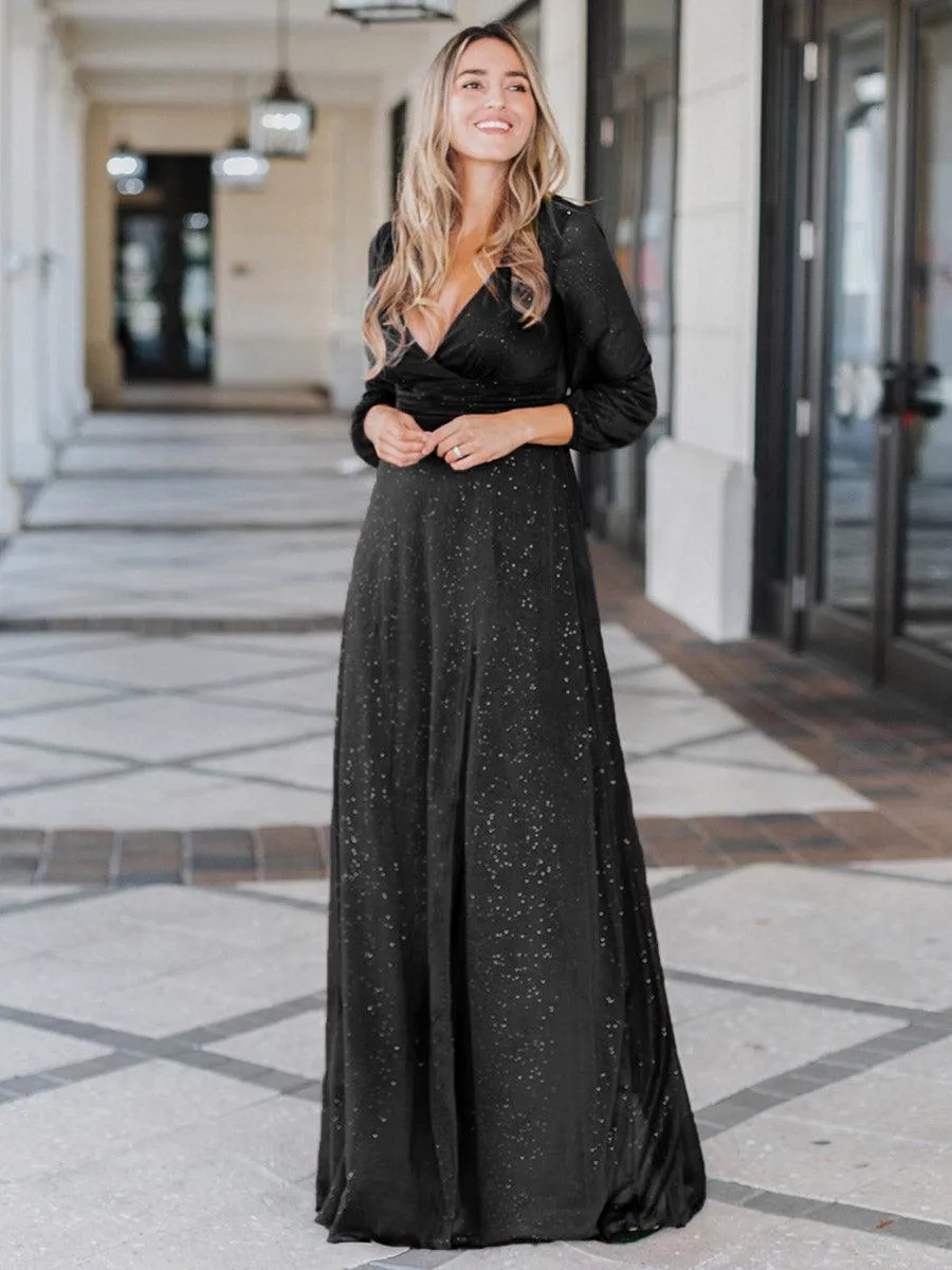 Robe de Cérémonie Longue Brillante à Col en V avec Manches Longues(Vente finale)