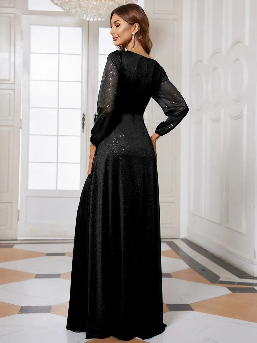 Robe de Cérémonie Longue Brillante à Col en V avec Manches Longues(Vente finale)