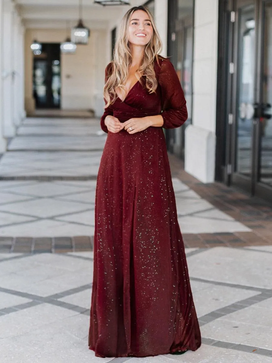 Robe de Cérémonie Longue Brillante à Col en V avec Manches Longues(Vente finale)