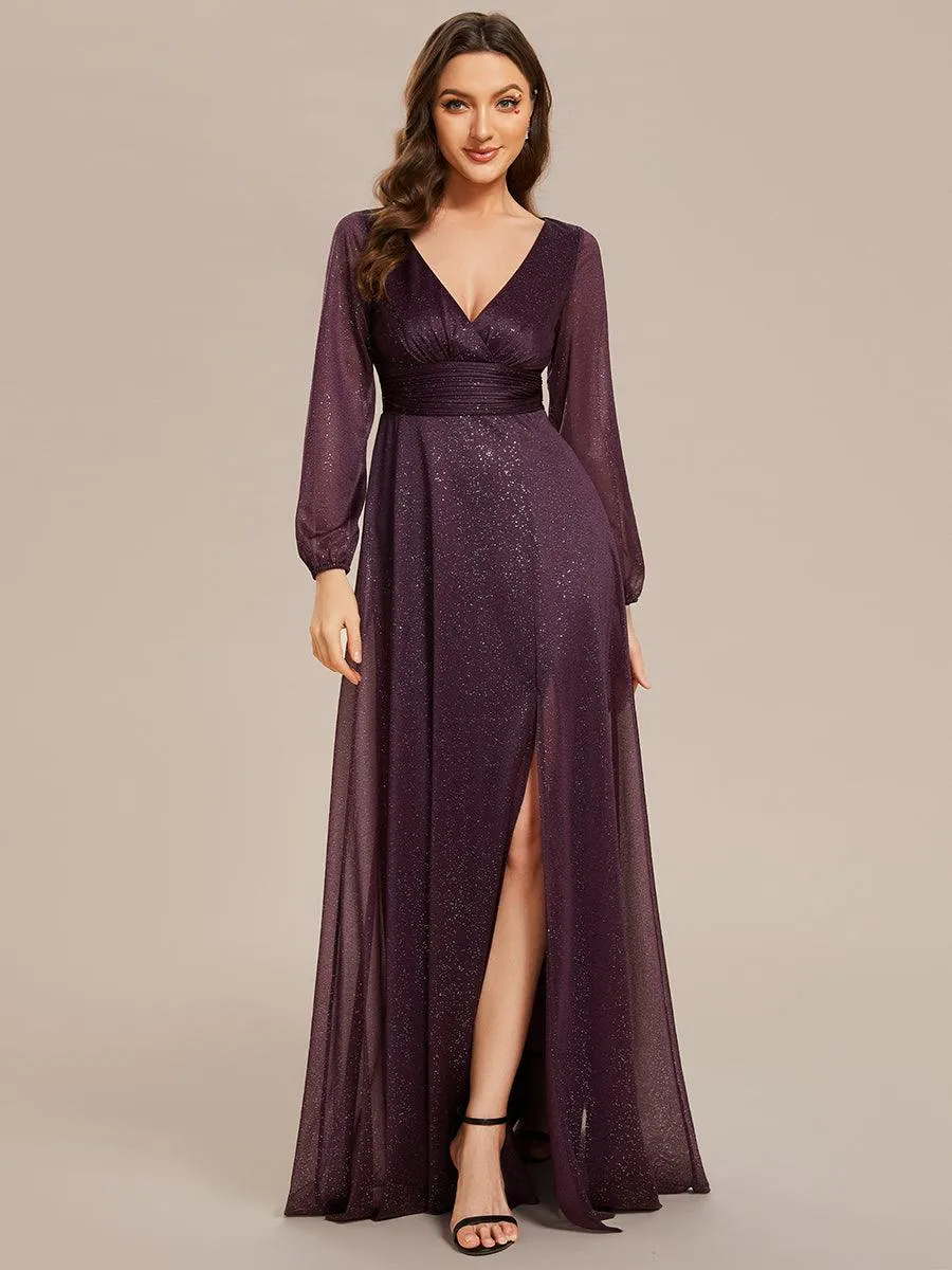 Robe de Cérémonie Longue Brillante à Col en V avec Manches Longues(Vente finale)