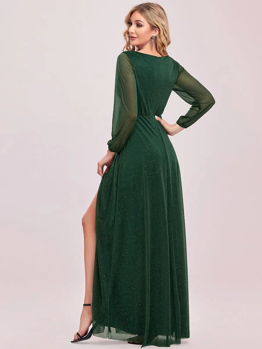 Robe de Cérémonie Longue Brillante à Col en V avec Manches Longues(Vente finale)