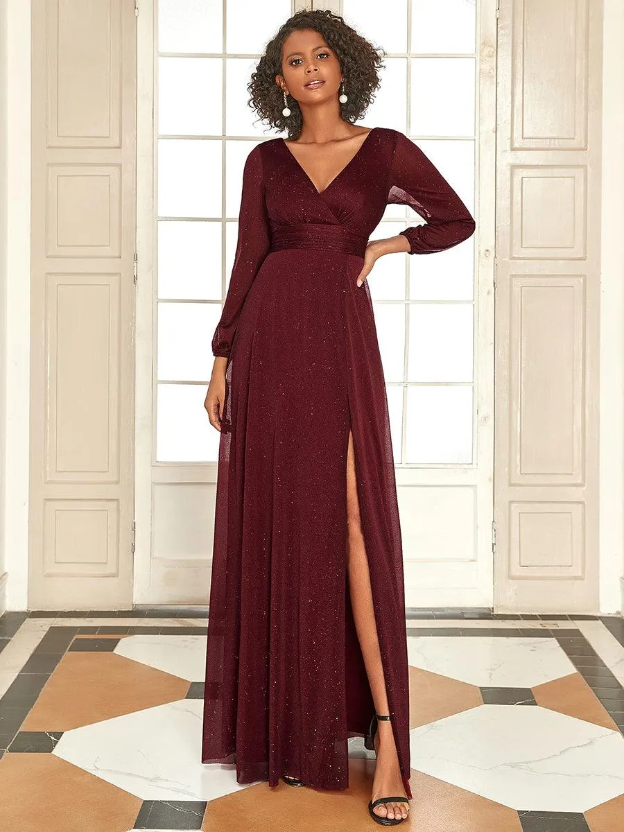 Robe de Cérémonie Longue Brillante à Col en V avec Manches Longues(Vente finale)