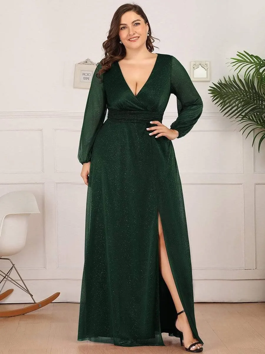Robe de Cérémonie Longue Brillante à Col en V avec Manches Longues(Vente finale)