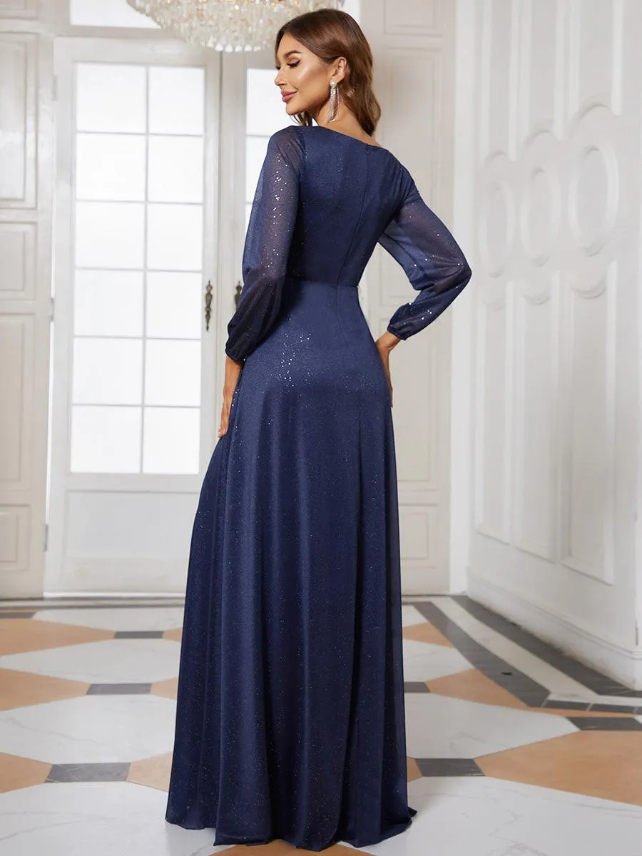 Robe de Cérémonie Longue Brillante à Col en V avec Manches Longues(Vente finale)