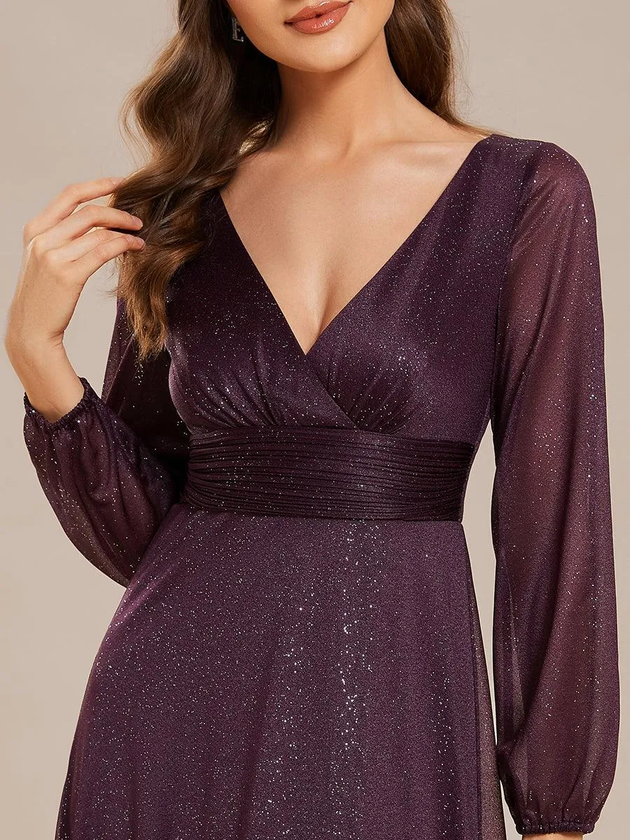 Robe de Cérémonie Longue Brillante à Col en V avec Manches Longues(Vente finale)