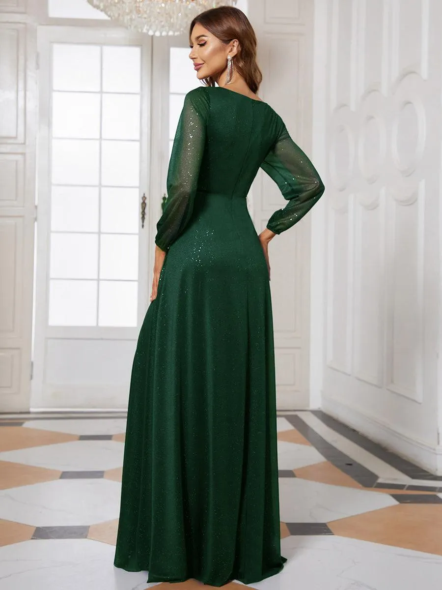 Robe de Cérémonie Longue Brillante à Col en V avec Manches Longues(Vente finale)