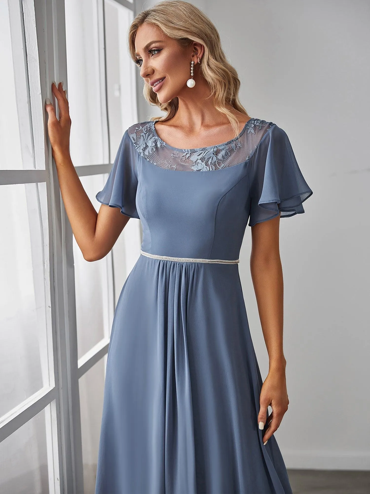 Robe de Loisirs Mi-Longue Trapèze à Col Bateau avec Taille Haute(Vente finale)