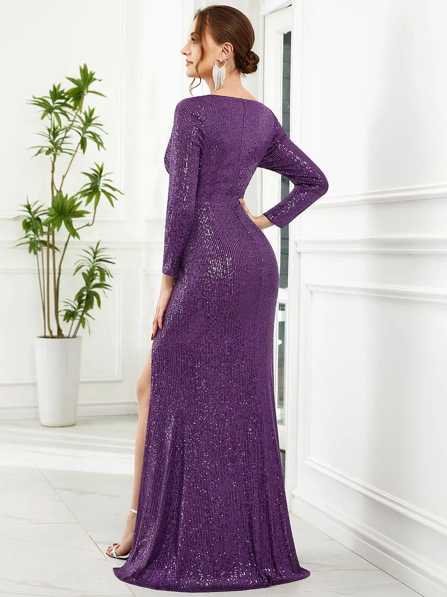 Robe de Soirée Brillante à Paillettes et Col en V avec Fente