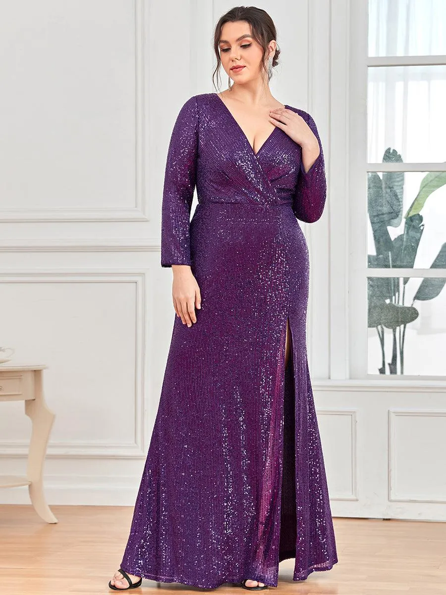 Robe de Soirée Brillante à Paillettes et Col en V avec Fente