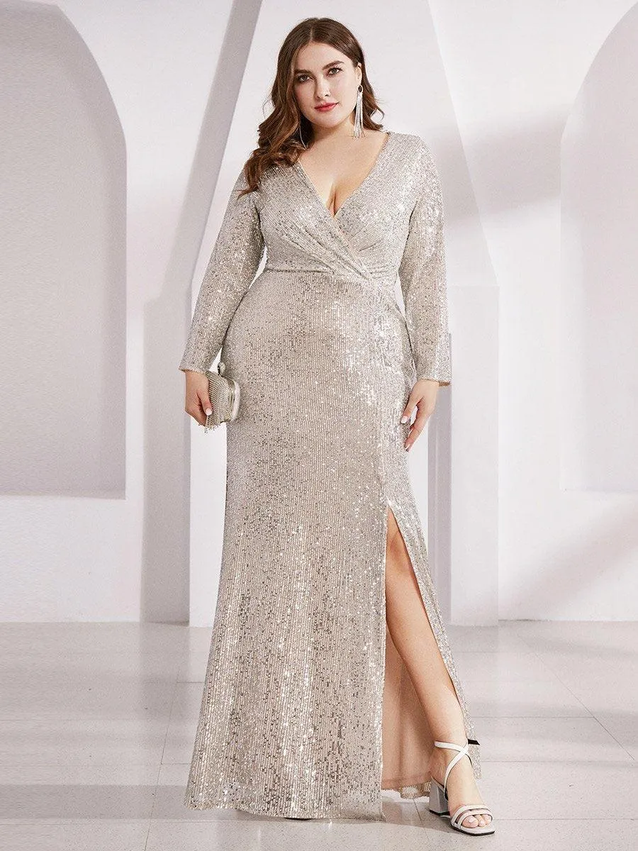 Robe de Soirée Brillante à Paillettes et Col en V avec Fente
