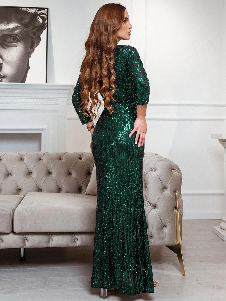 Robe de Soirée Brillante à Paillettes et Col en V avec Fente