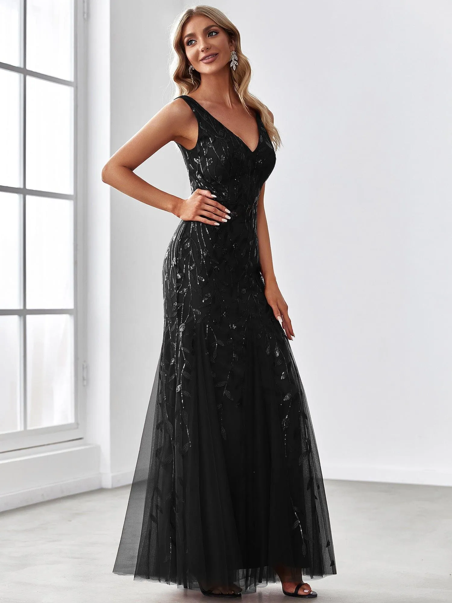 Robe de soirée Longue Sexy en sequins col en V pour femmes