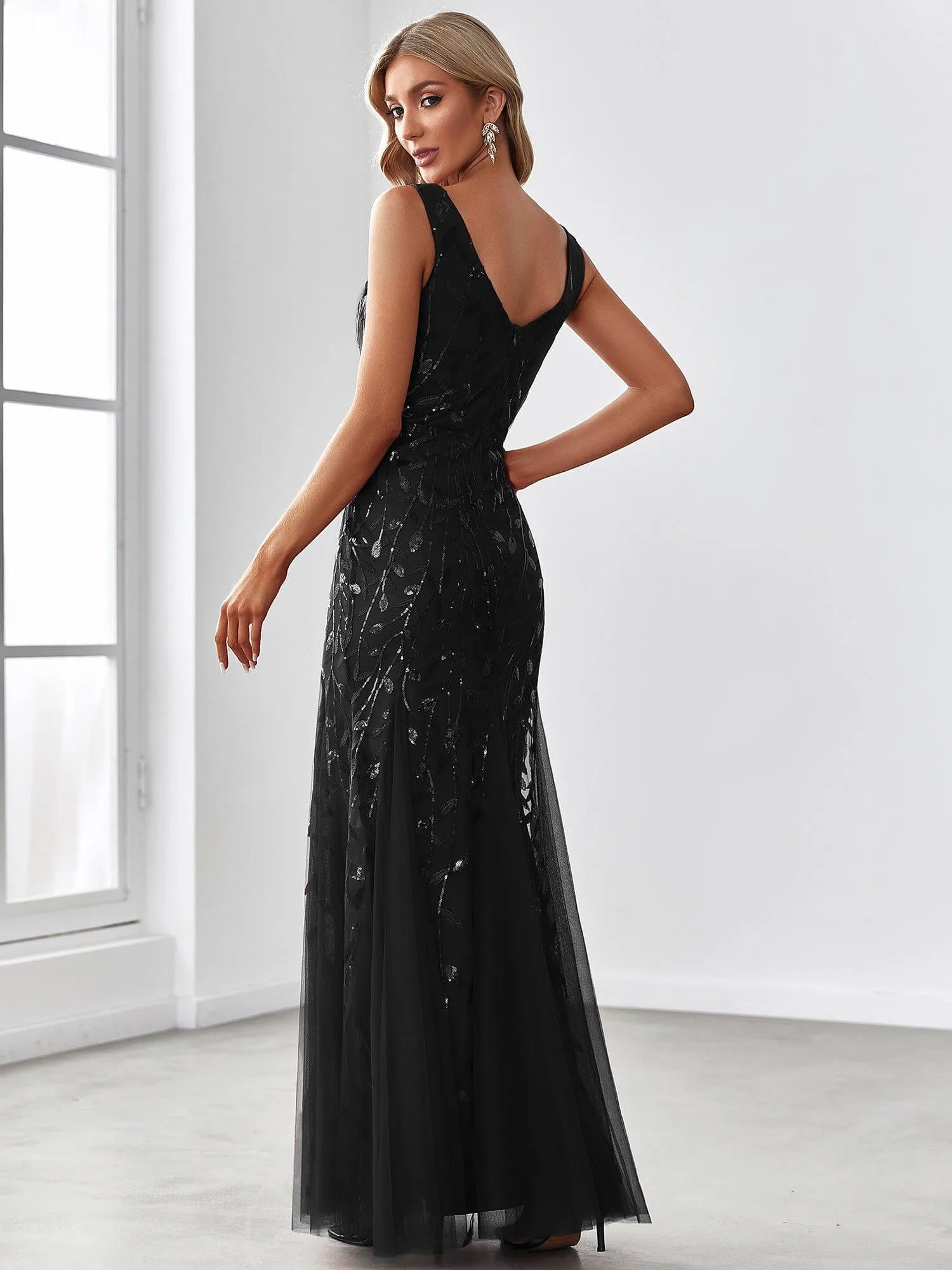 Robe de soirée Longue Sexy en sequins col en V pour femmes