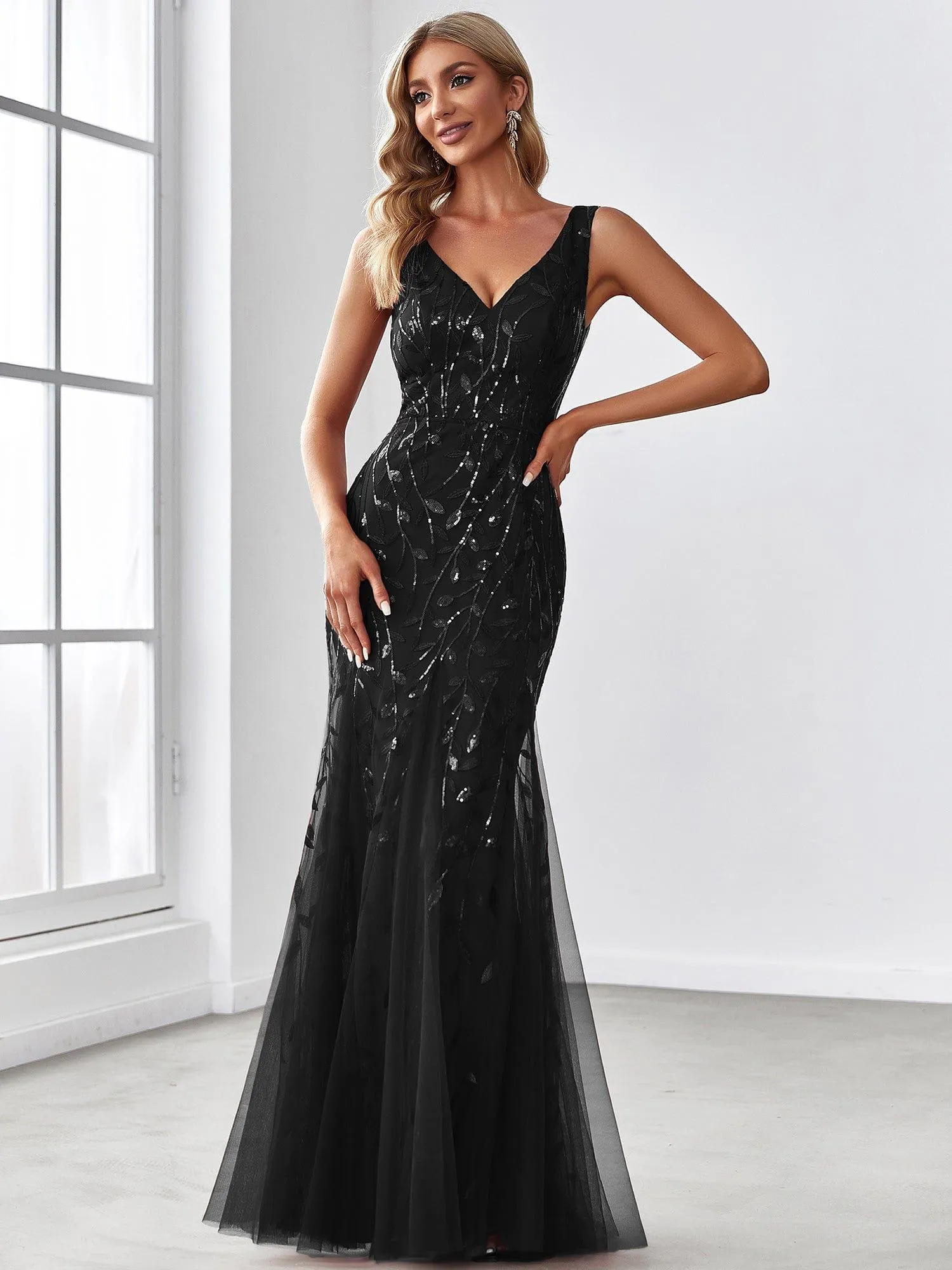 Robe de soirée Longue Sexy en sequins col en V pour femmes