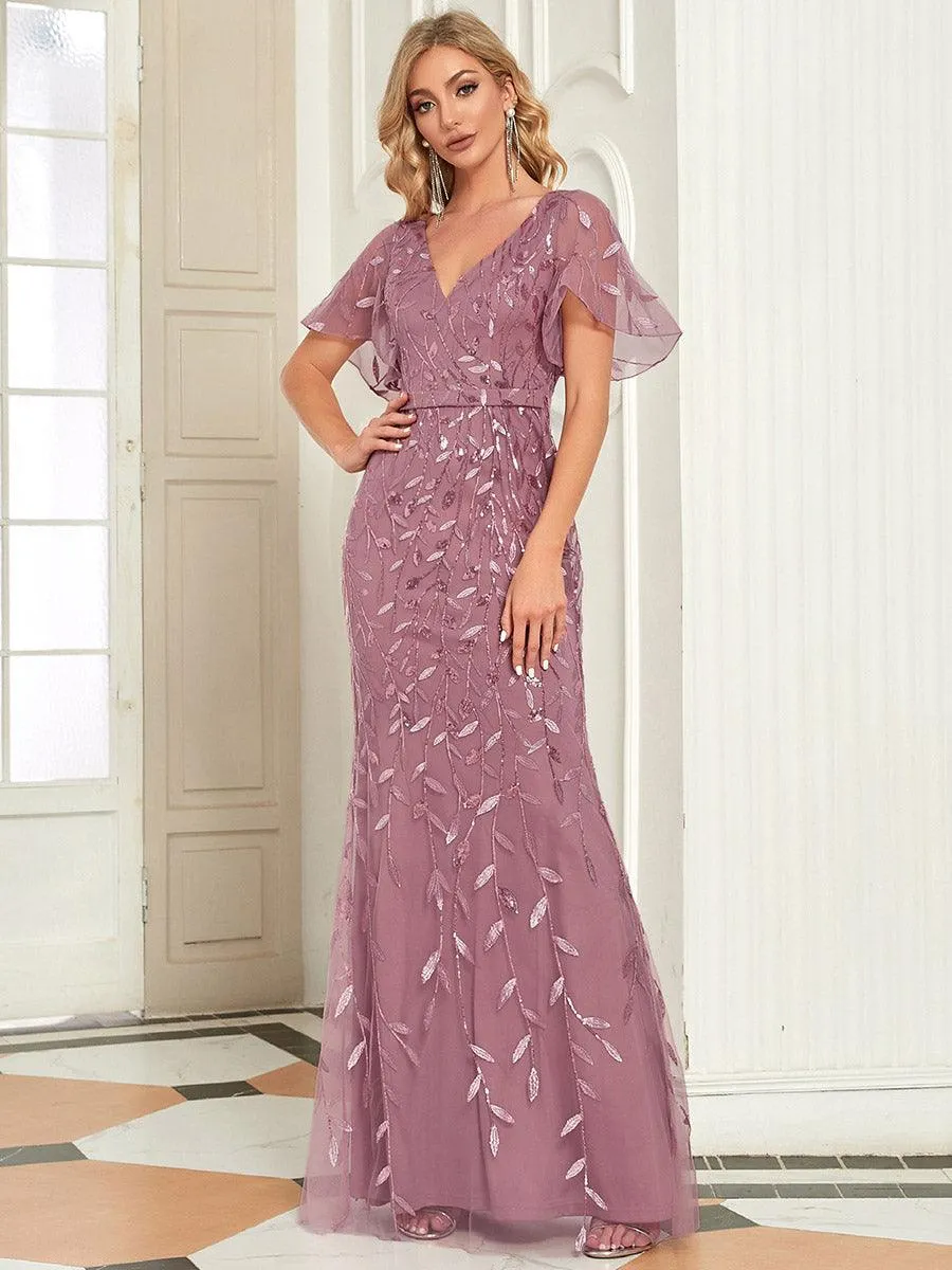 Robe de Soirée Longue Sirène à Pailletée à Col en V Profond