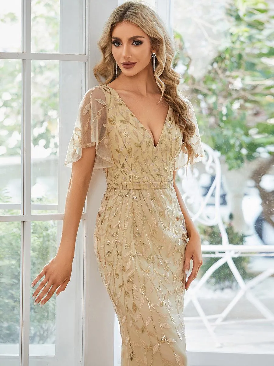 Robe de Soirée Longue Sirène à Pailletée à Col en V Profond