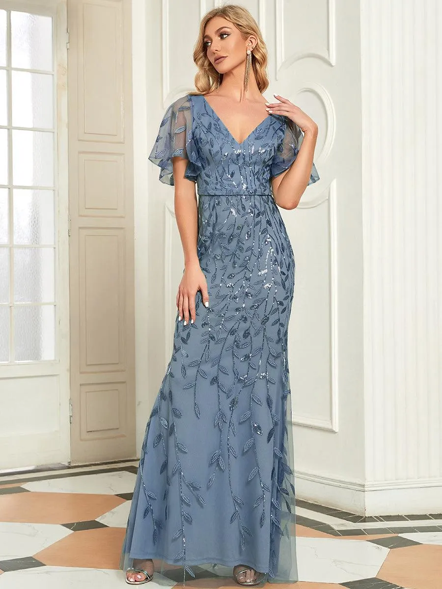 Robe de Soirée Longue Sirène à Pailletée à Col en V Profond
