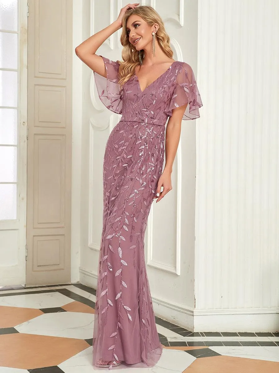 Robe de Soirée Longue Sirène à Pailletée à Col en V Profond