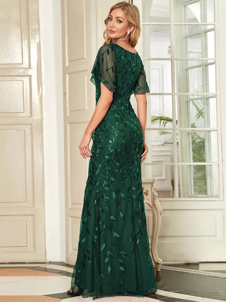 Robe de Soirée Longue Sirène à Pailletée à Col en V Profond