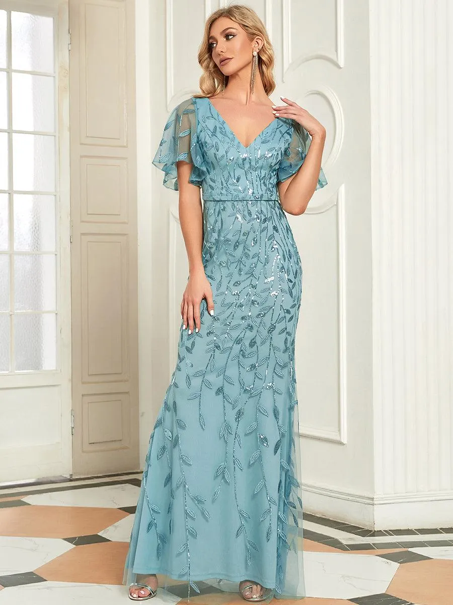 Robe de Soirée Longue Sirène à Pailletée à Col en V Profond