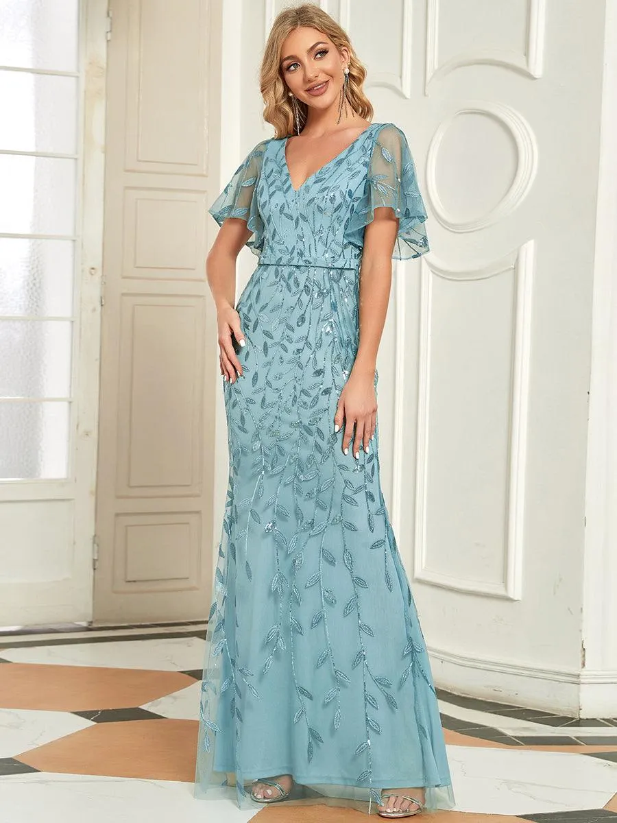 Robe de Soirée Longue Sirène à Pailletée à Col en V Profond