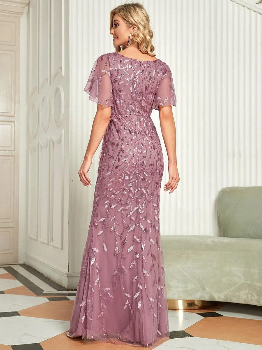 Robe de Soirée Longue Sirène à Pailletée à Col en V Profond