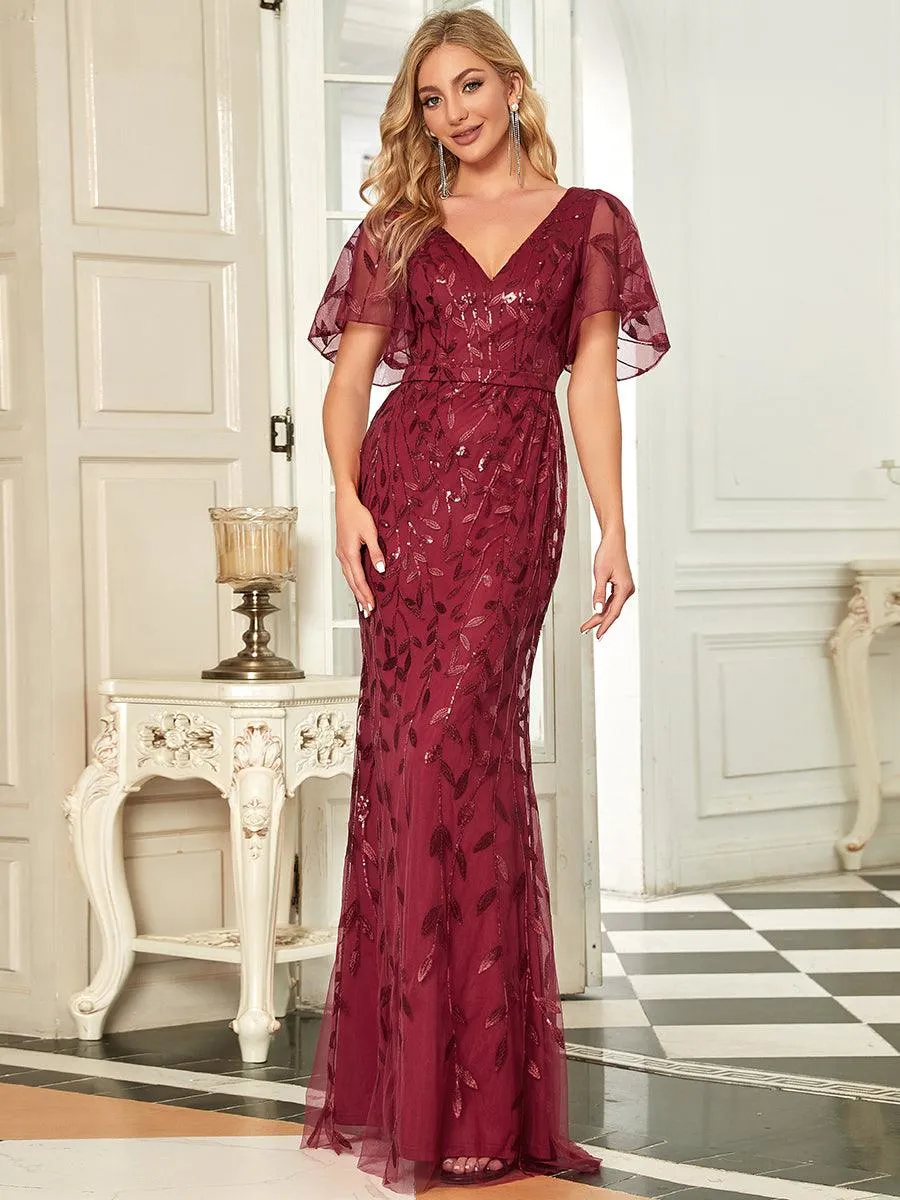 Robe de Soirée Longue Sirène à Pailletée à Col en V Profond