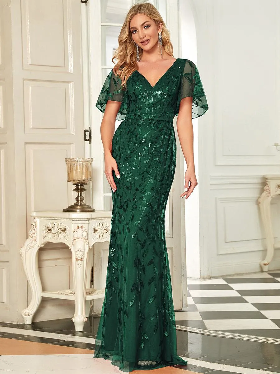 Robe de Soirée Longue Sirène à Pailletée à Col en V Profond
