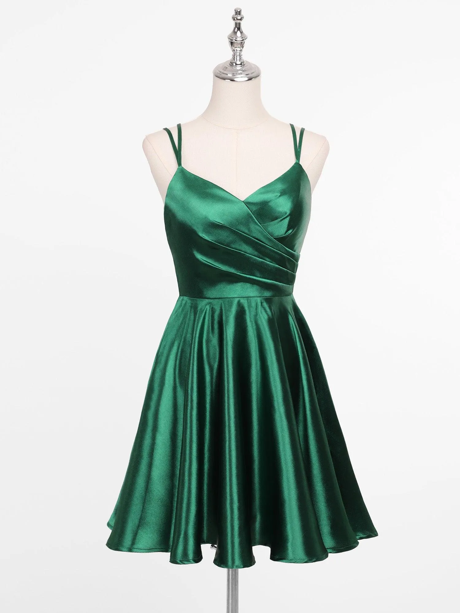 Robe de soirée plissée en satin trapèze à double bretelle spaghetti et col en V