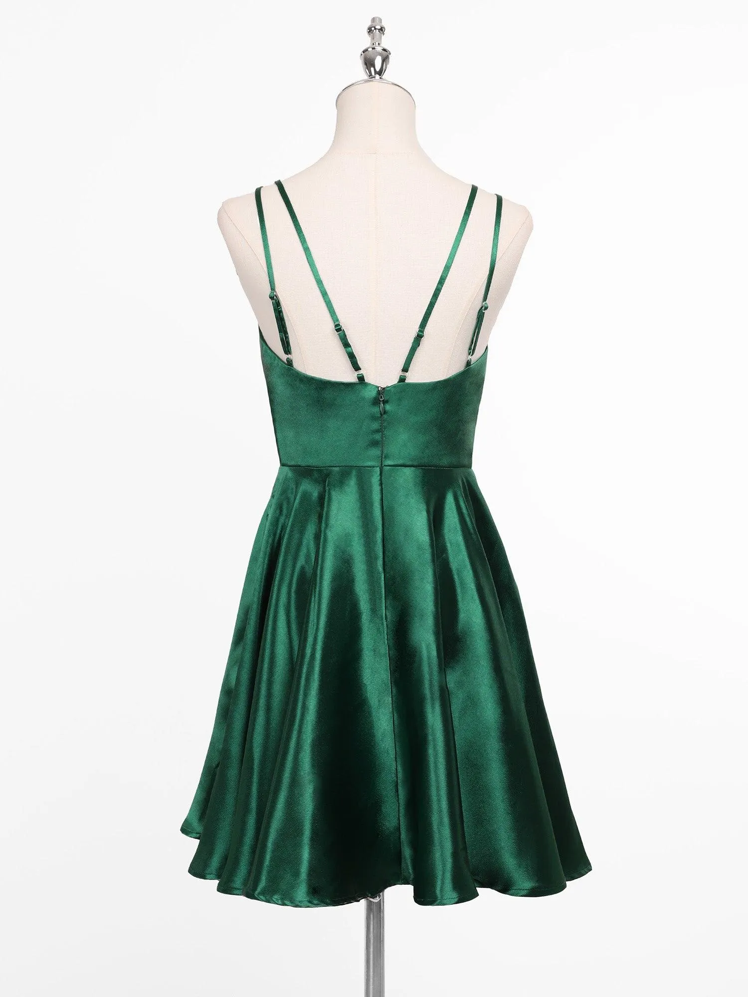 Robe de soirée plissée en satin trapèze à double bretelle spaghetti et col en V