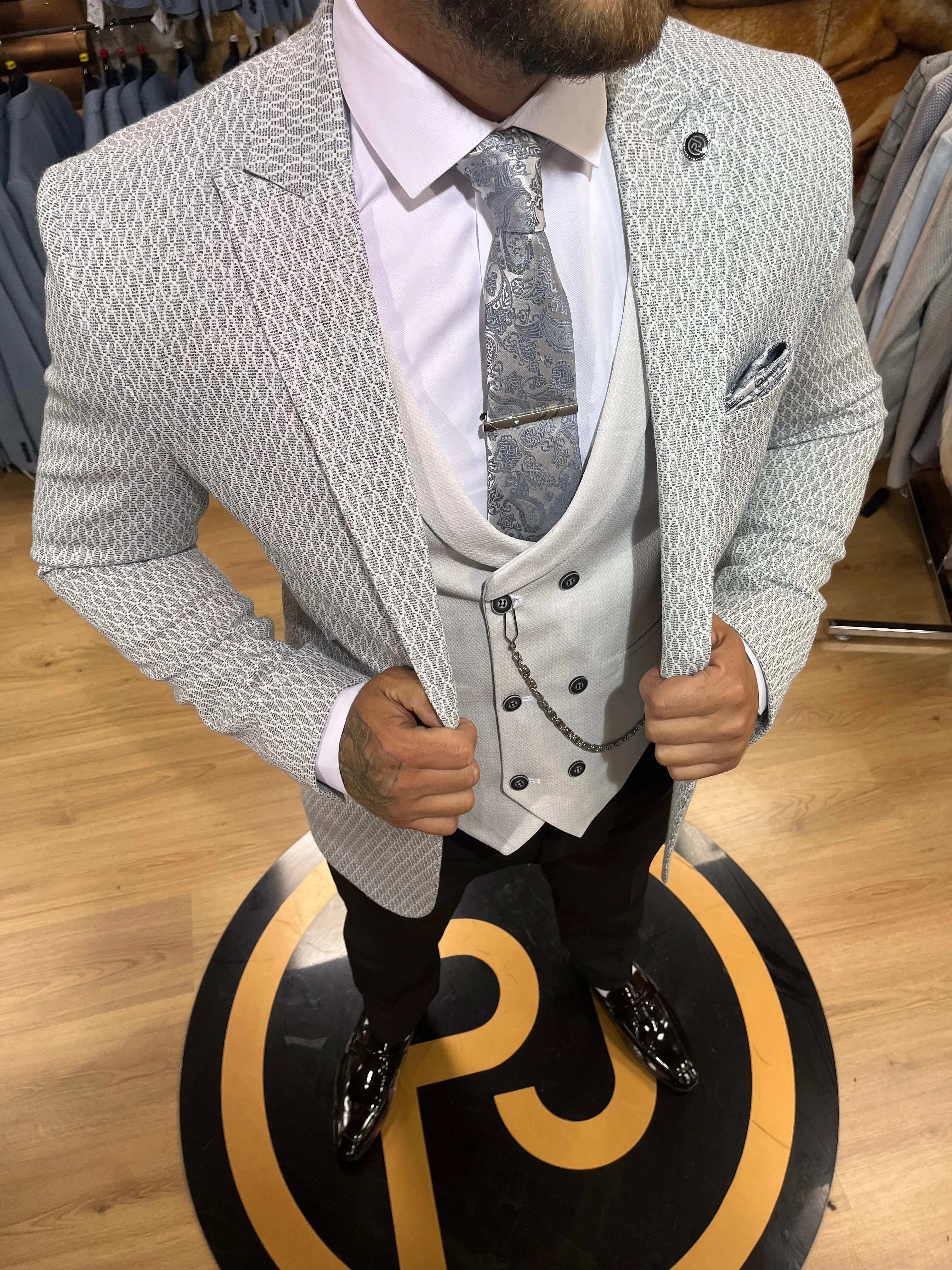 Romario - Light Grey/Turquoise 3 Piece Suit