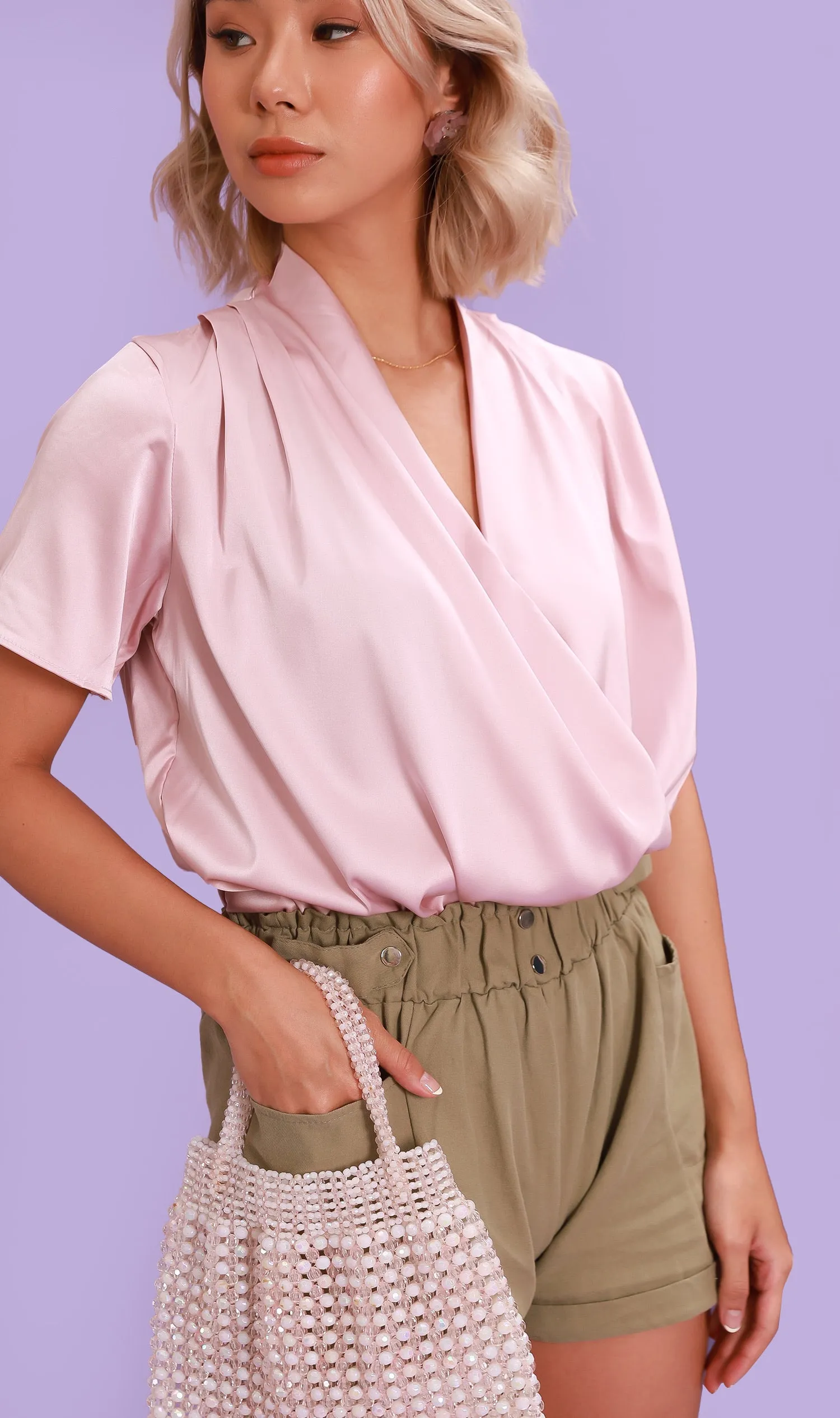 ROSALIE Satin Surplice Top (Blush)