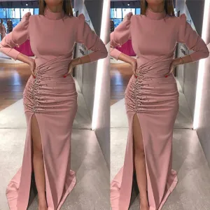 rose pink evening dresses long sleeve high neck beaded mermaid cheap formal evening gown 2021
