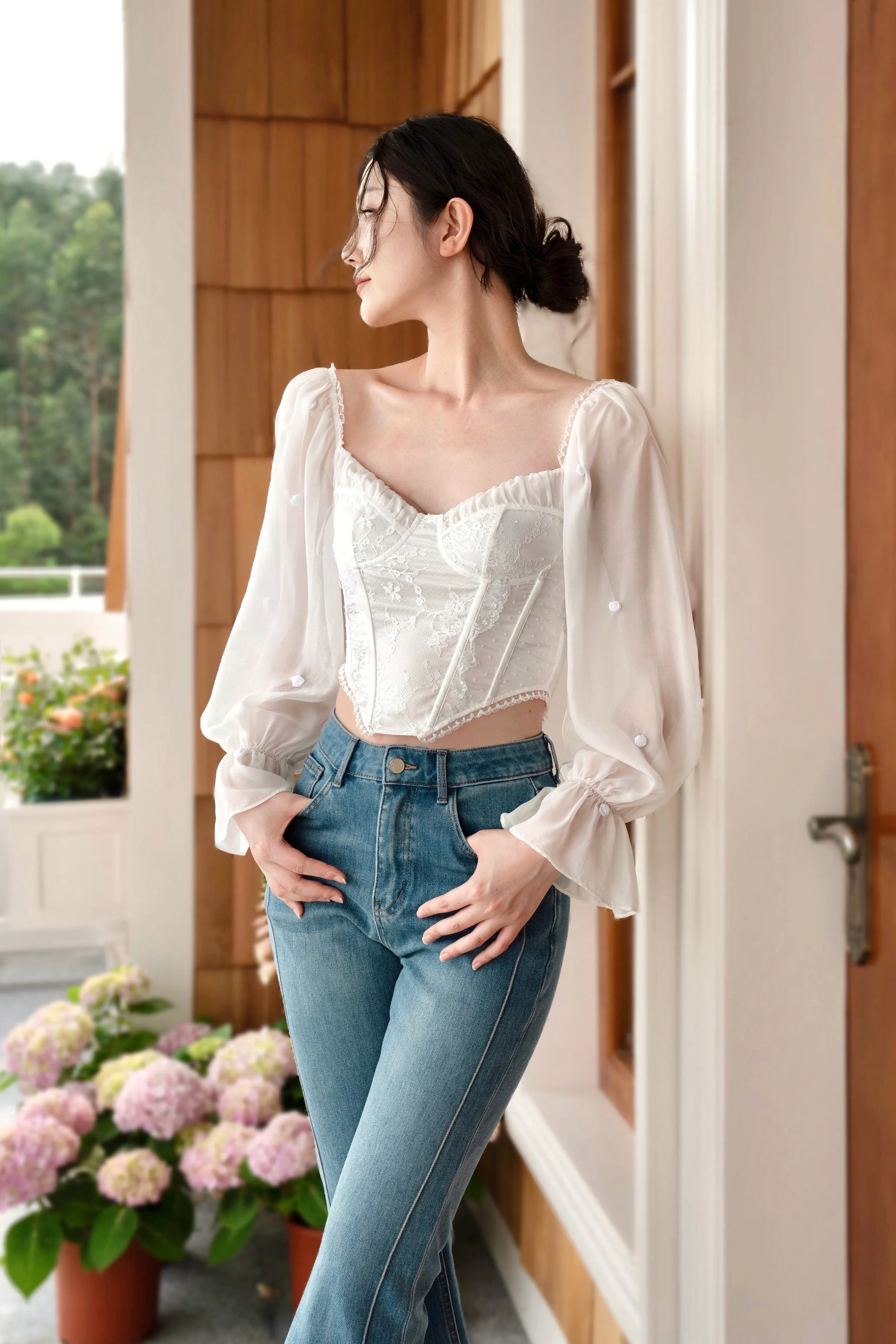 Rose Scent Lace Trimmed Silk And Tulle Top