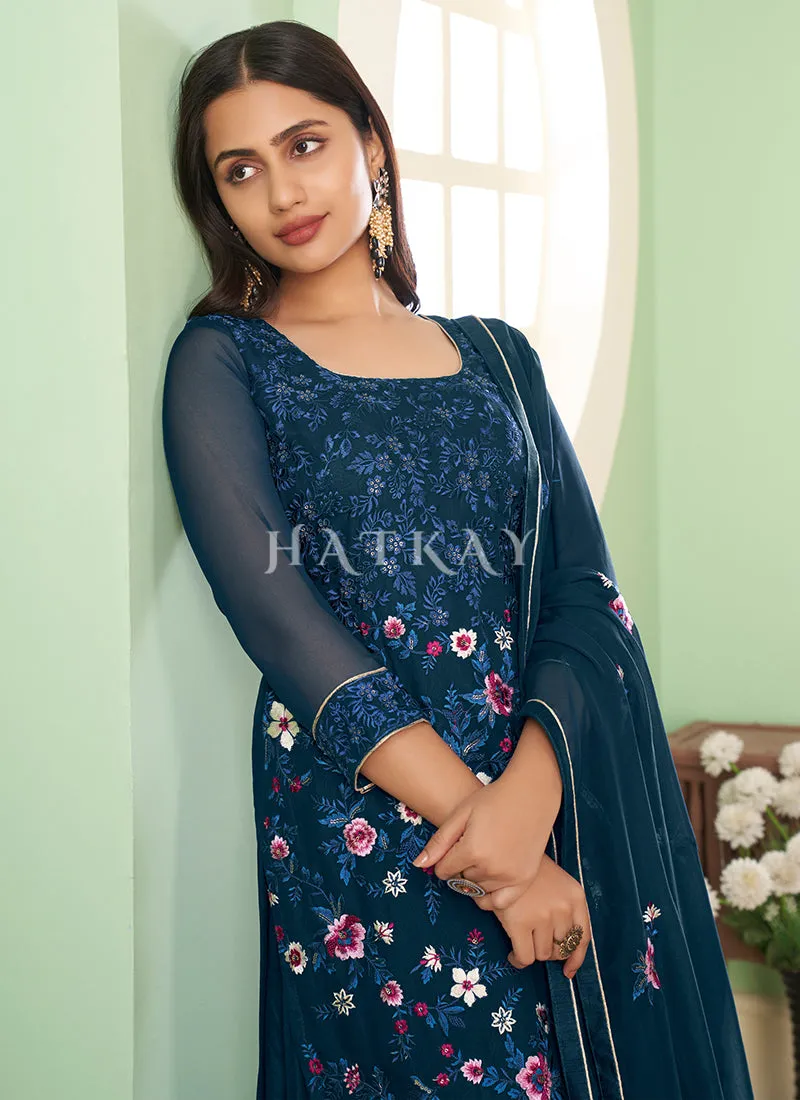 Royal Blue Multi Embroidery Georgette Palazzo Suit