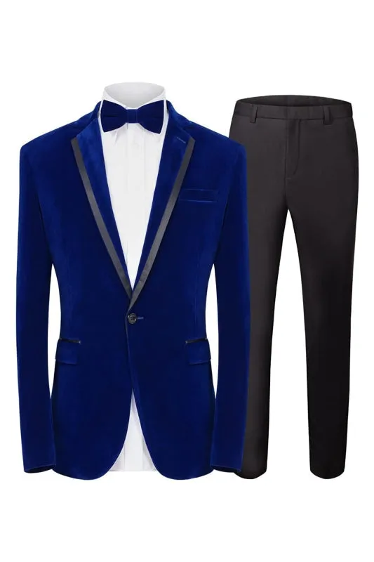 Royal Blue Notched Lapel Two Pieces Velvet Prom Suits Fancy Blazers Pants Wedding Party Wear