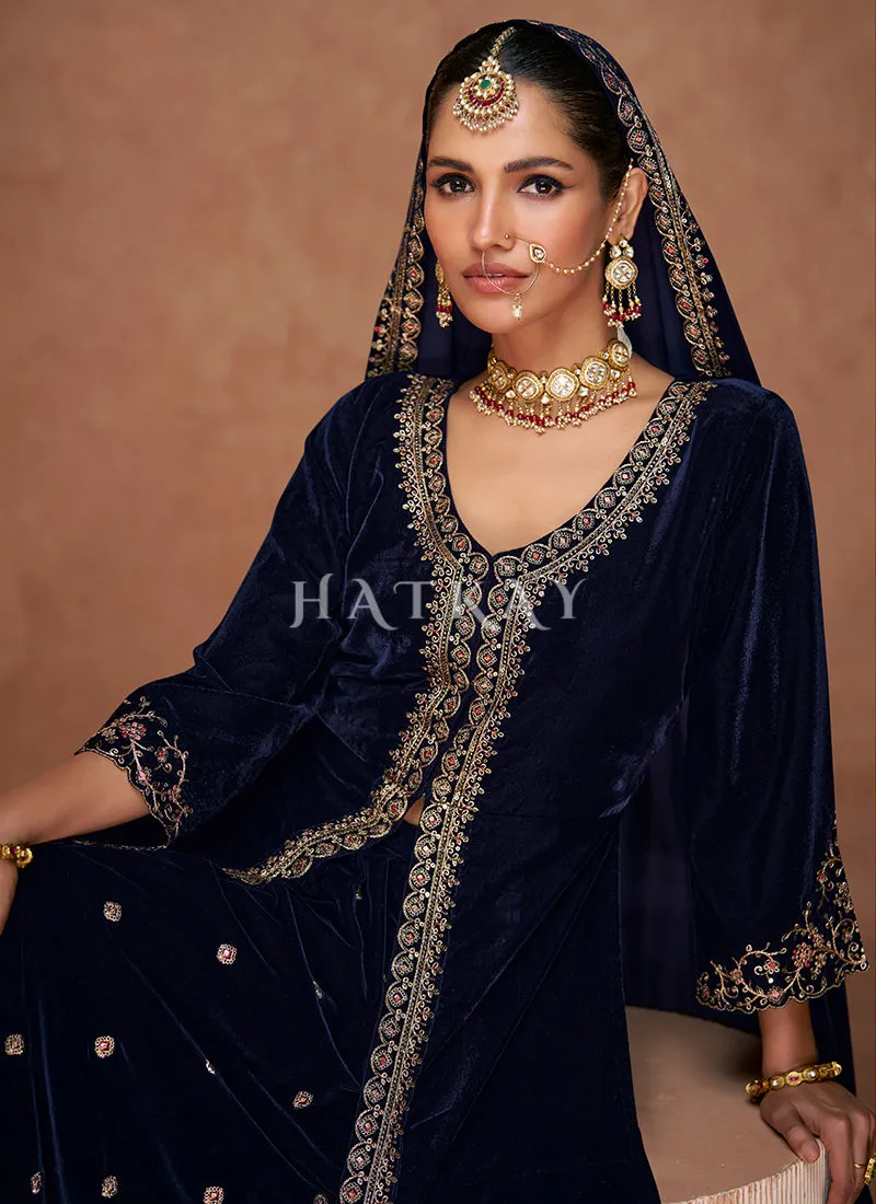 Royal Blue Slit Style Velvet Anarkali Lehenga