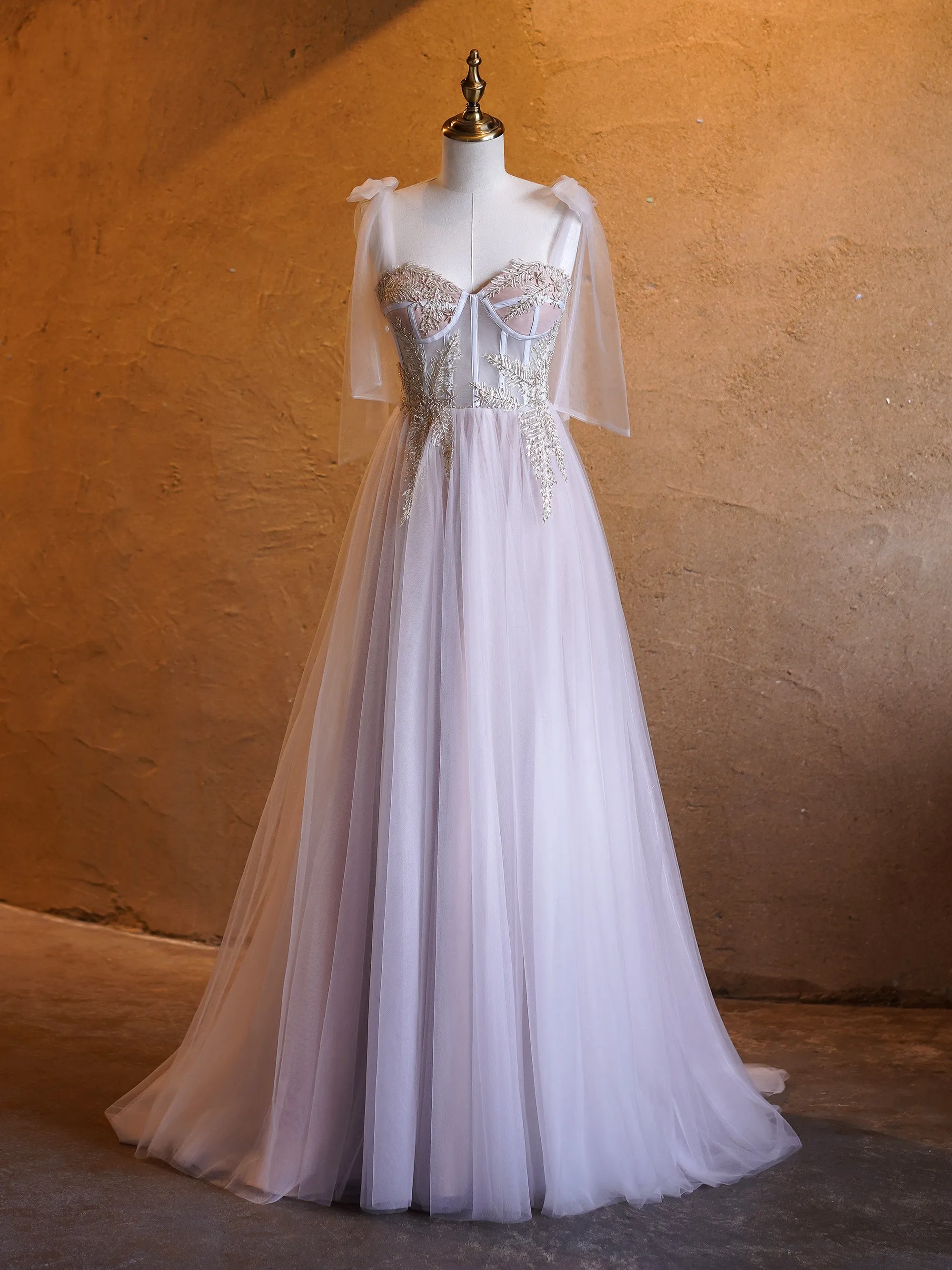 Roycebridal A-line Corset Applique Tulle Bow Straps Long Prom Dress with sweep train