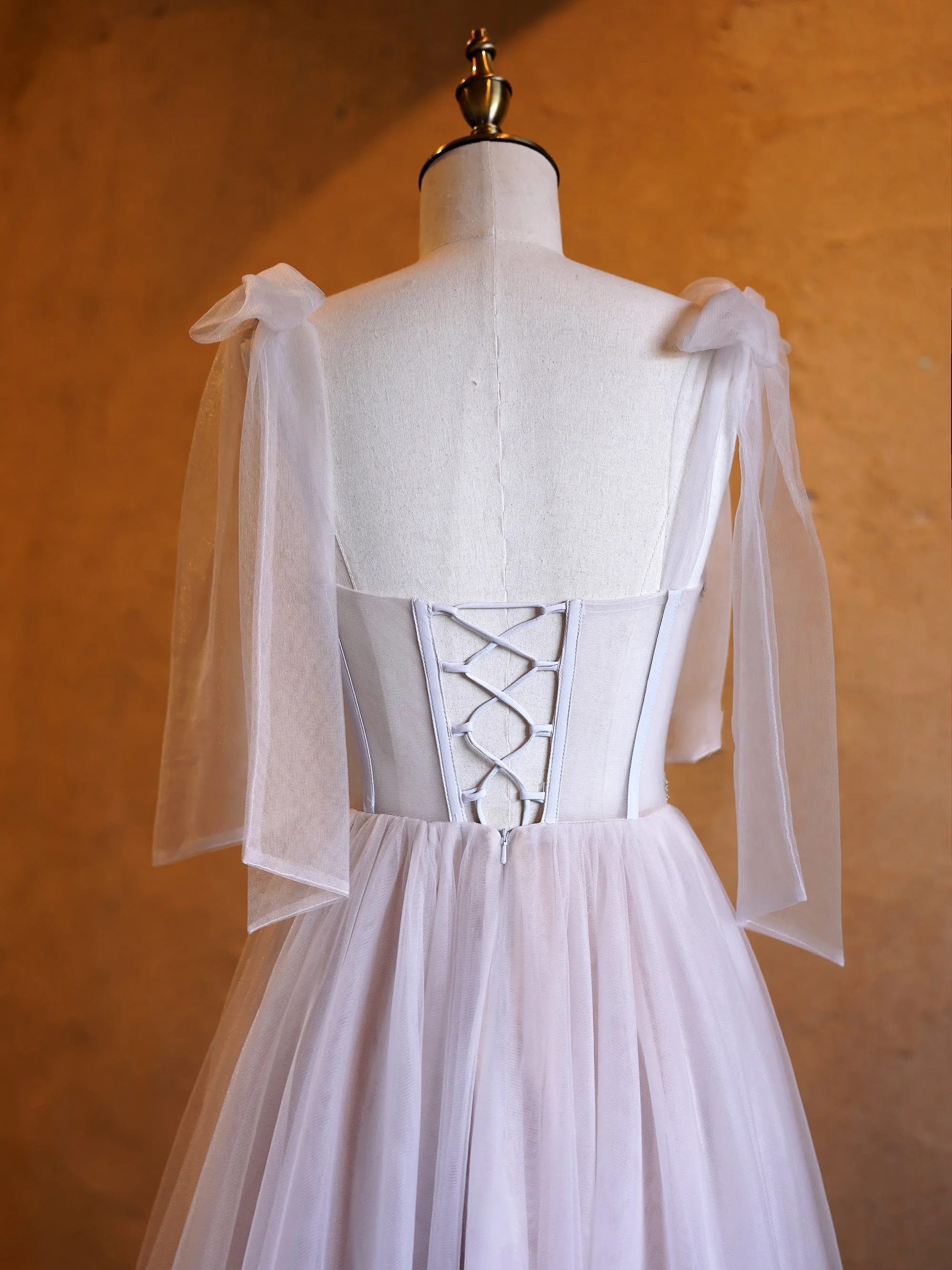 Roycebridal A-line Corset Applique Tulle Bow Straps Long Prom Dress with sweep train