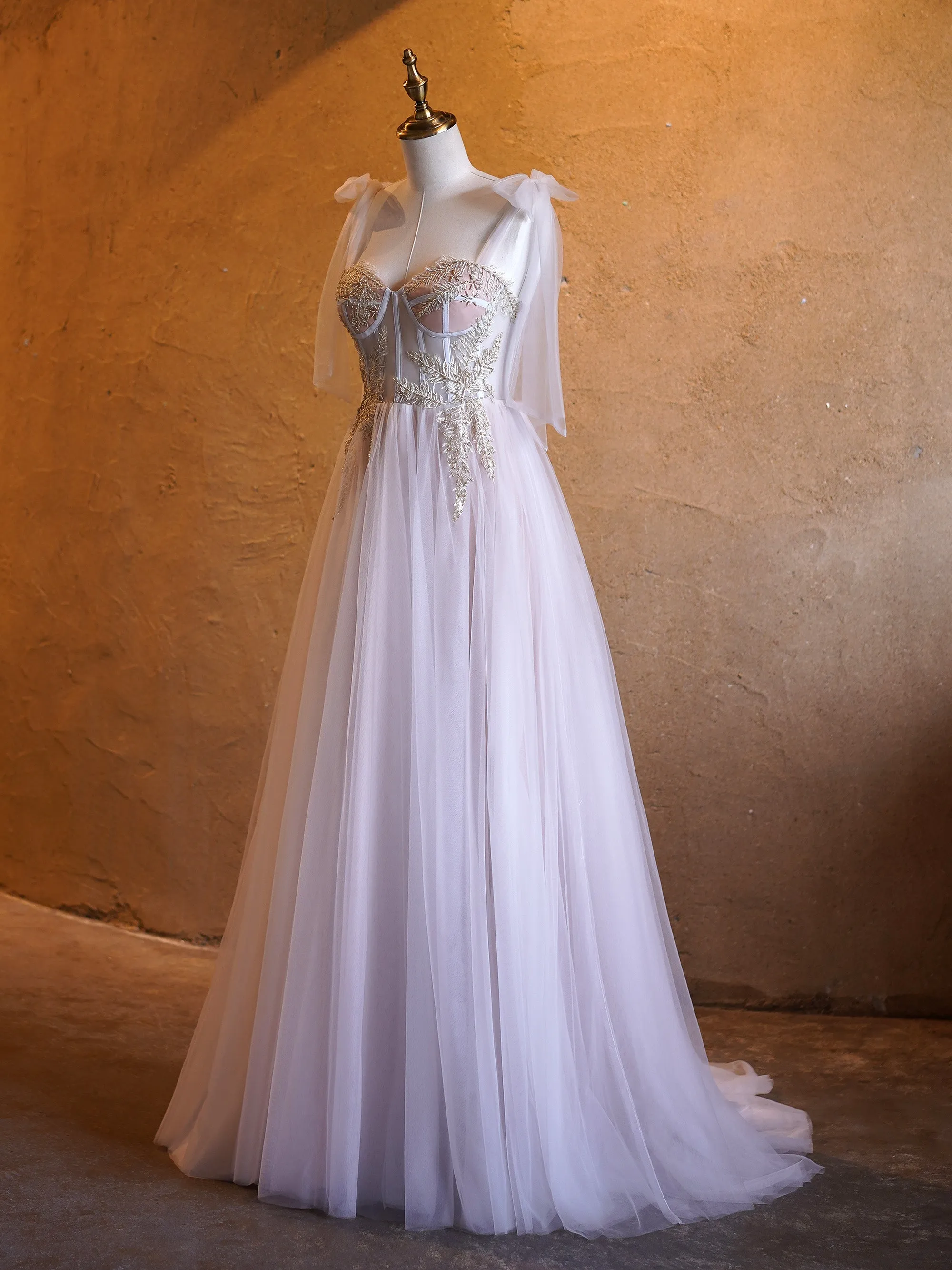 Roycebridal A-line Corset Applique Tulle Bow Straps Long Prom Dress with sweep train