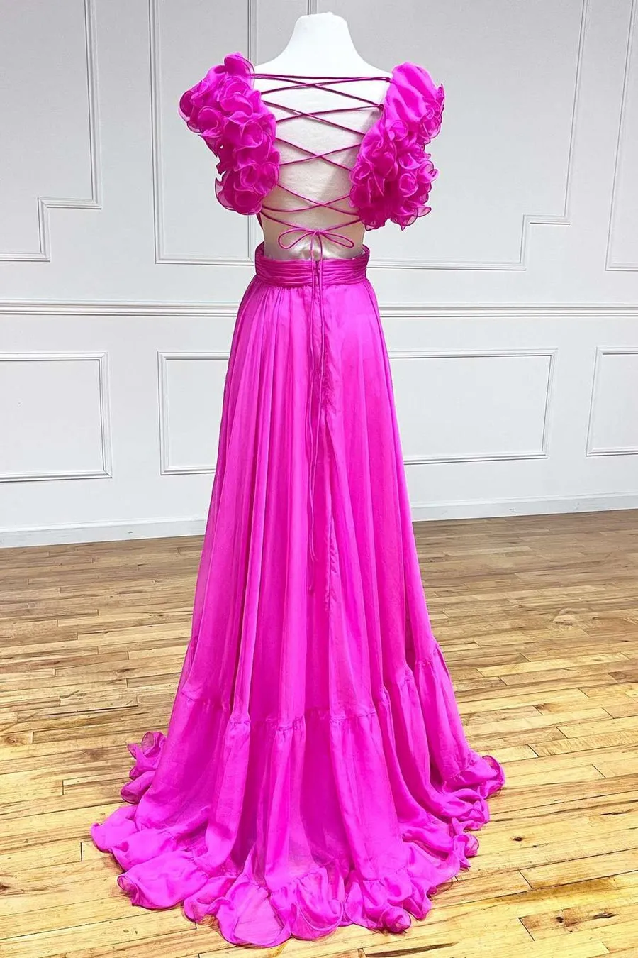 Roycebridal Aadhya | Lace-Up Fuchsia V-Neck Ruffle Pleated Long Prom Dress