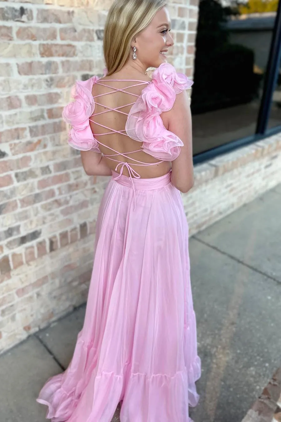 Roycebridal Aadhya | Lace-Up Fuchsia V-Neck Ruffle Pleated Long Prom Dress