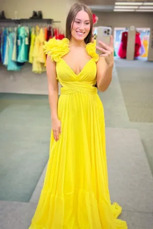 Roycebridal Aadhya | Lace-Up Fuchsia V-Neck Ruffle Pleated Long Prom Dress