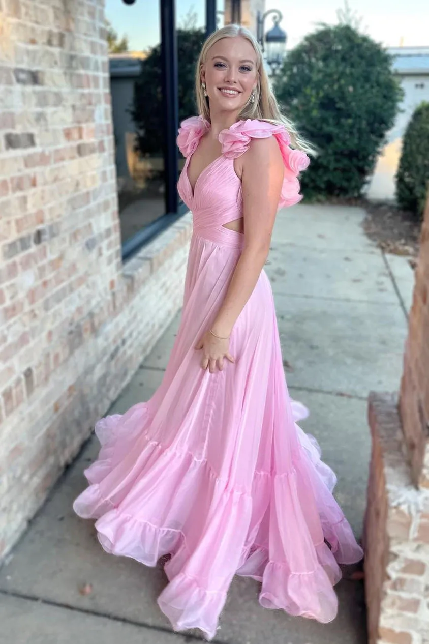 Roycebridal Aadhya | Lace-Up Fuchsia V-Neck Ruffle Pleated Long Prom Dress