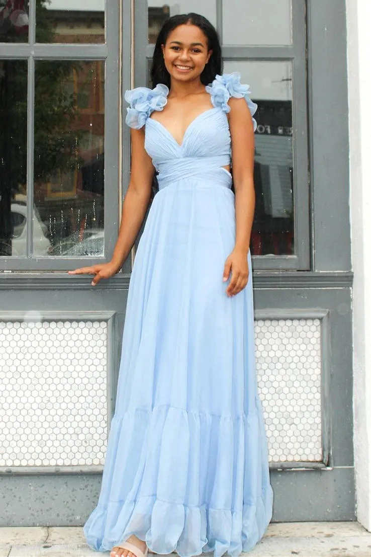 Roycebridal Aadhya | Lace-Up Fuchsia V-Neck Ruffle Pleated Long Prom Dress