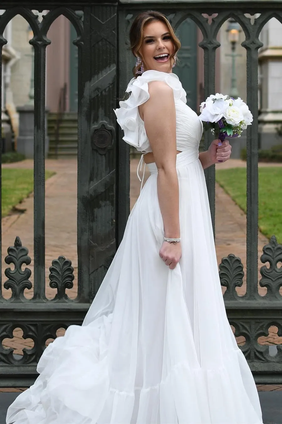 Roycebridal Aadhya | Lace-Up Fuchsia V-Neck Ruffle Pleated Long Prom Dress