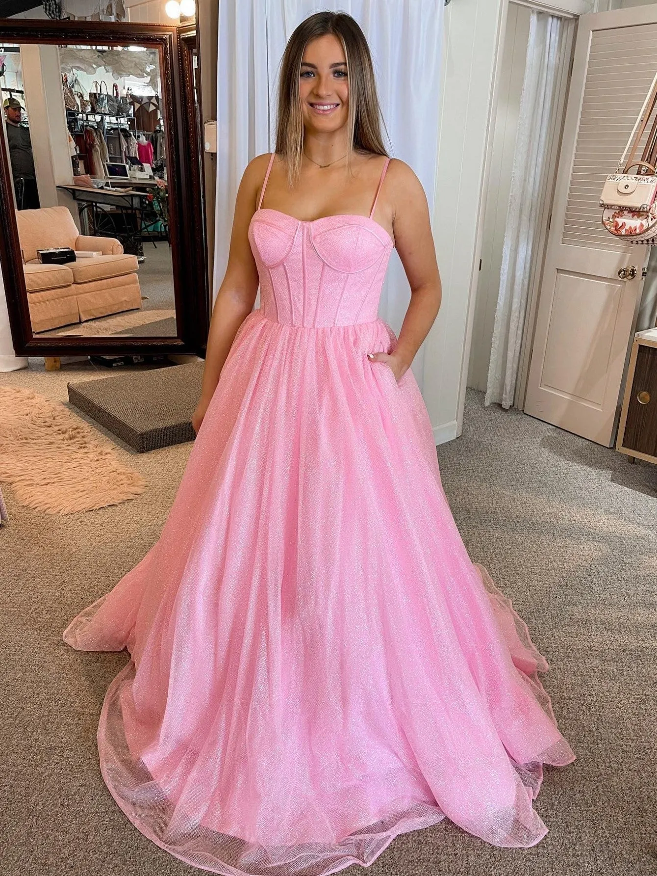 Roycebridal Julissa |A Line Glitter Tulle Prom Dress with Pockets