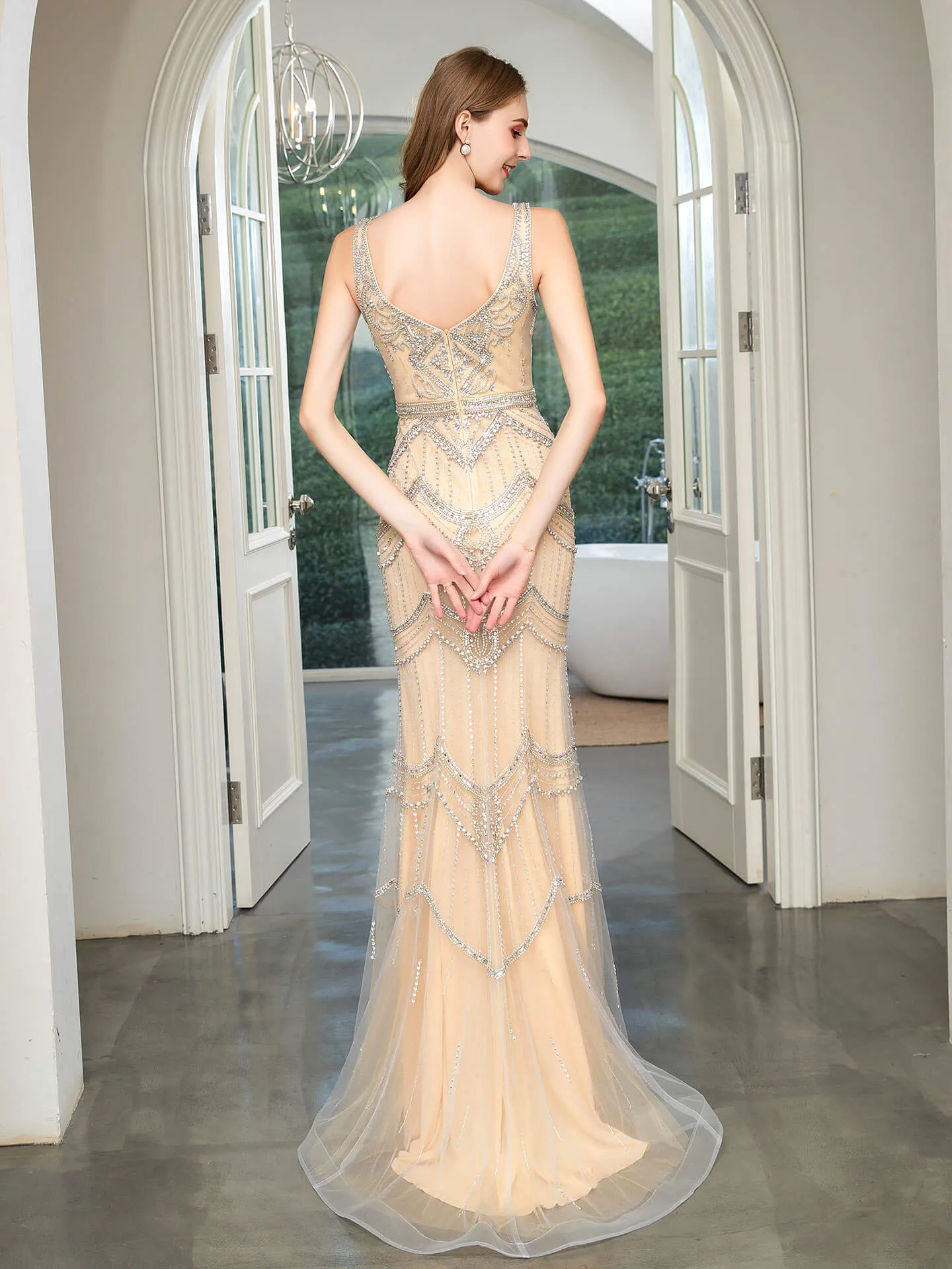 Roycebridal Mermaid V-neck Beaded Luxurious Fashion Formal Evening Dresses Sleeveless Floor Length