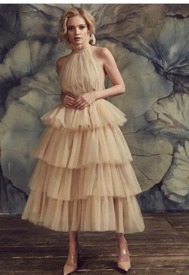 Ruch Bodice Champagne Prom Dress with Tulle Tiered Skirt
